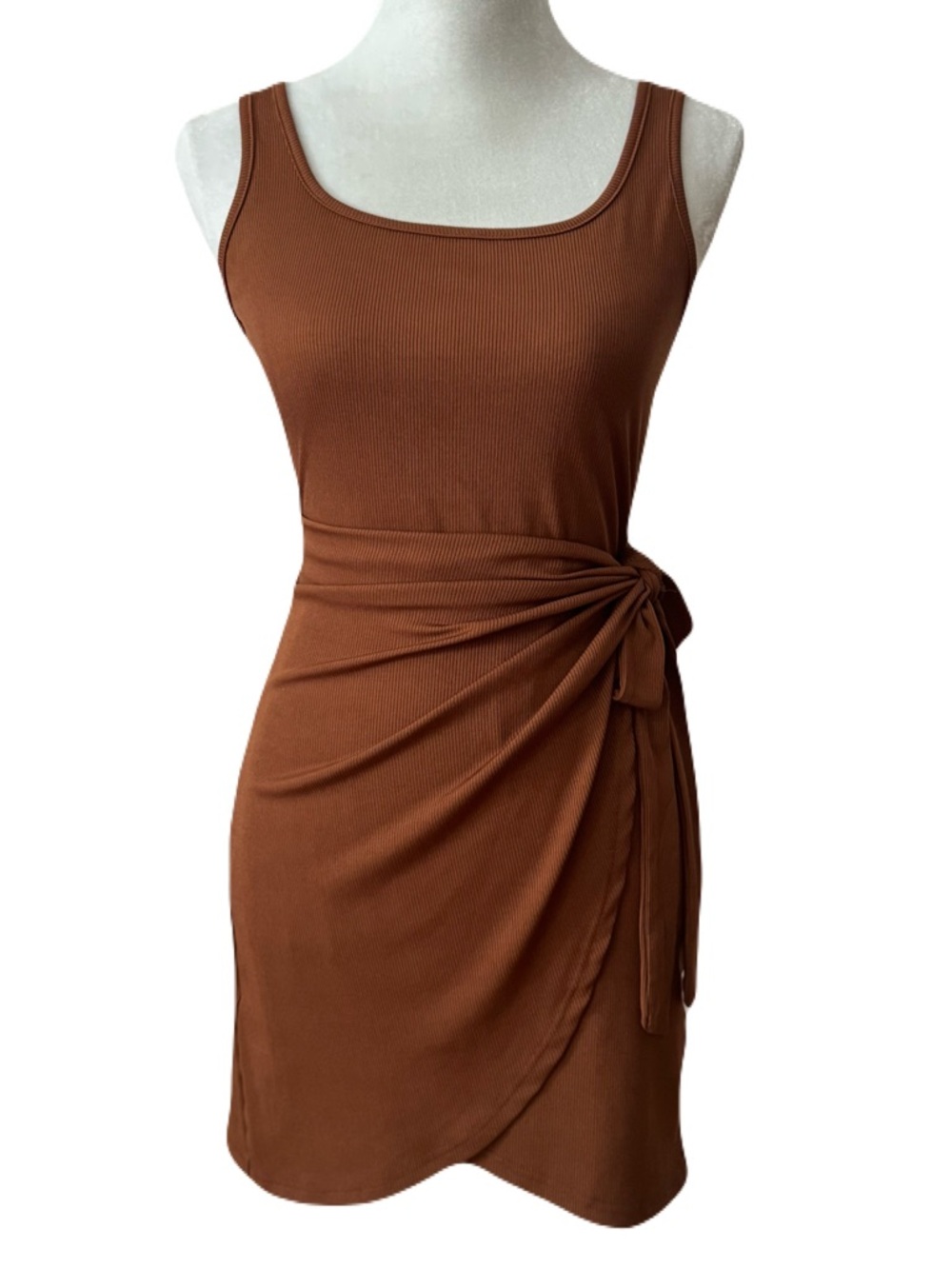 Cider Sleeveless Ruched Wrap Side-Tie Waist Mini Dress in Camel Brown